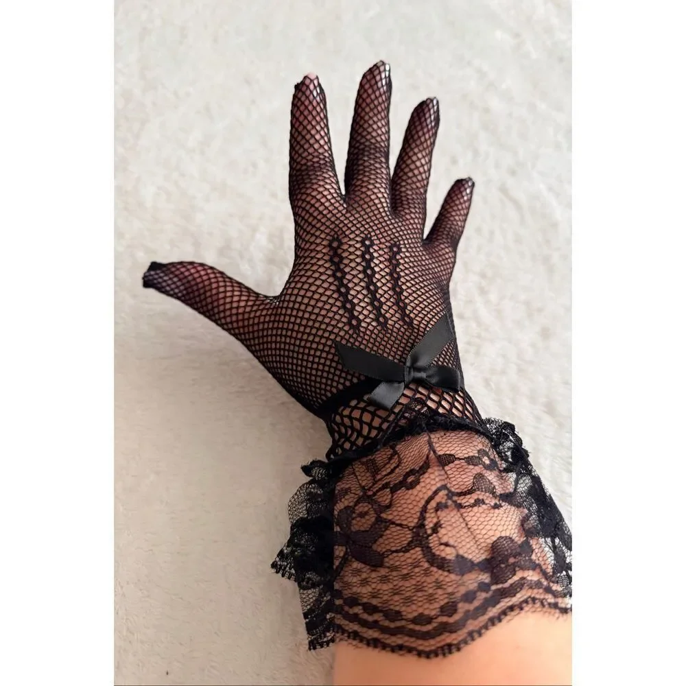 Black Lace & Fishnet Gloves with Bow Detail – NWOT